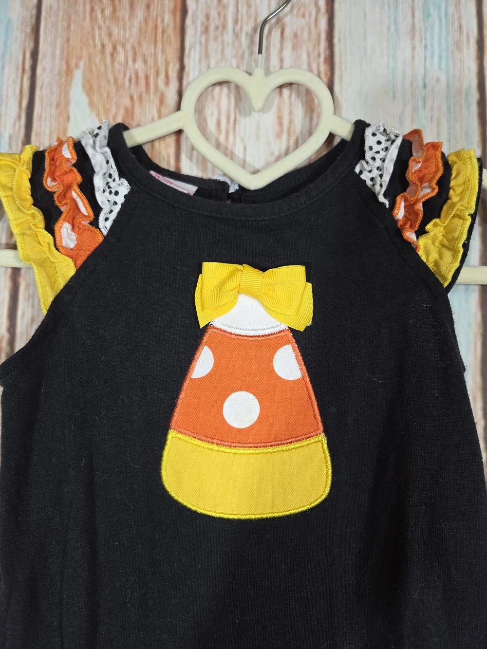 Ricrac And Ruffles Boutique Black Candy Corn Appliqué Ruffle One-Piece. Size 18m